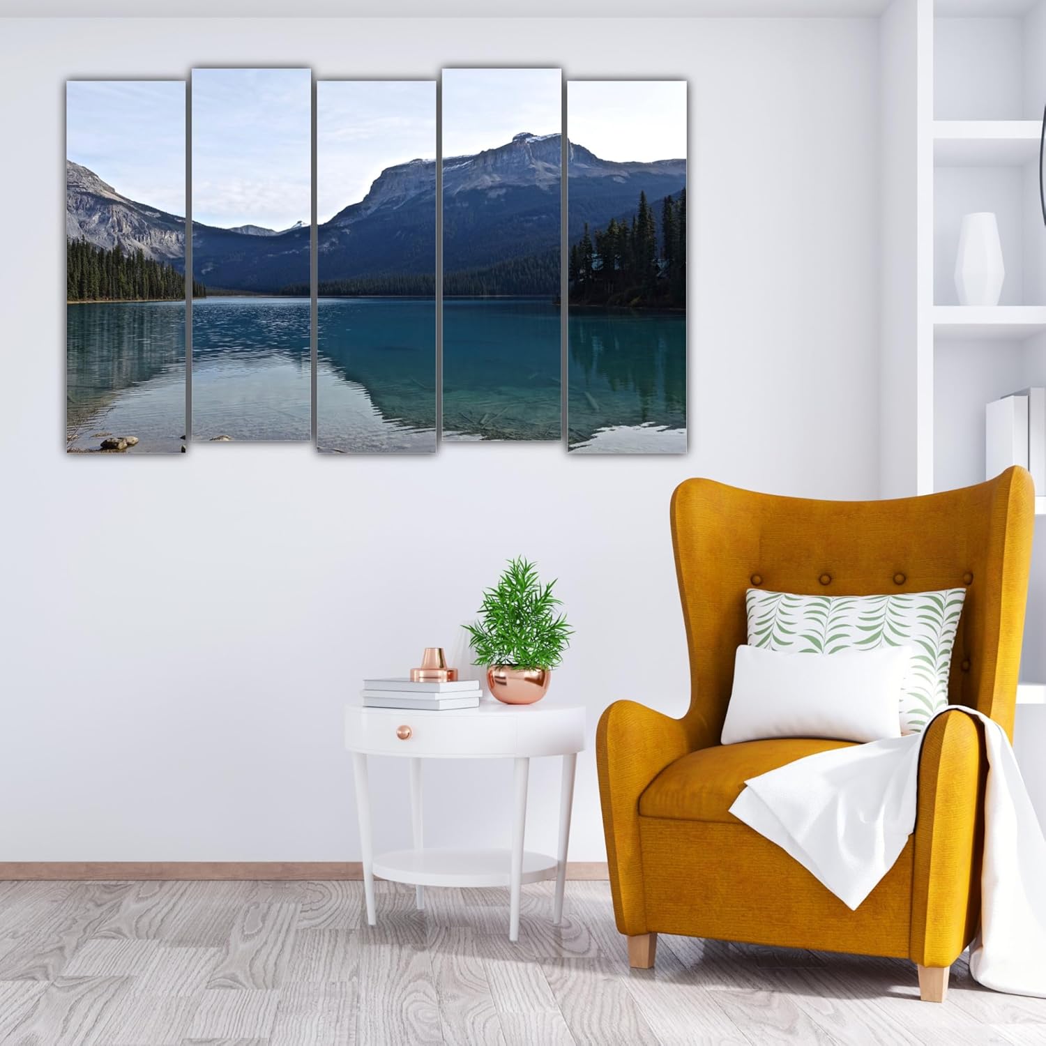 Close-up of splash-proof laminated landscape Wall Art panels in a cozy living room.