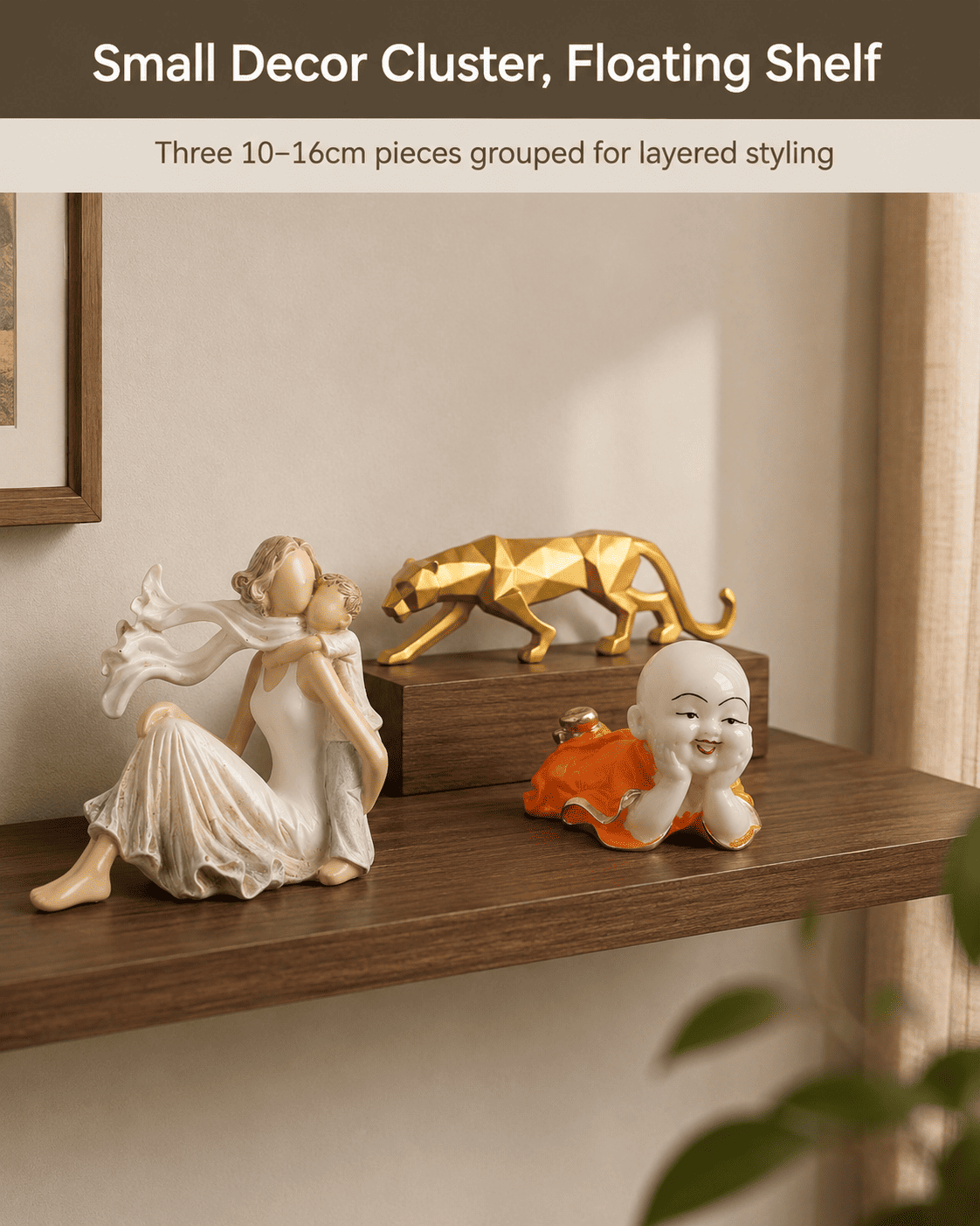 cluster of small ceramic decor pieces grouped on a floating shelf