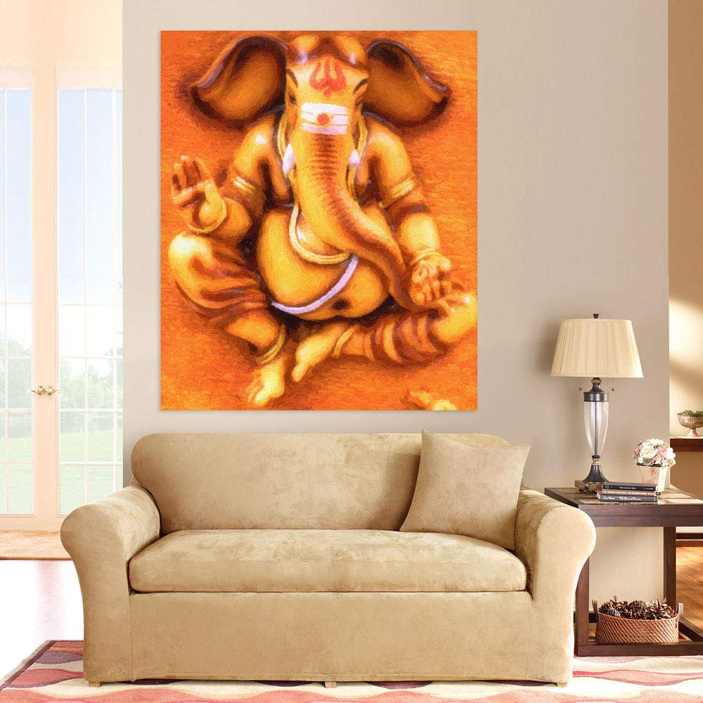 Vibrant Tangerine Ganesha Glow-Up unframed Wall Art on a living room wall.