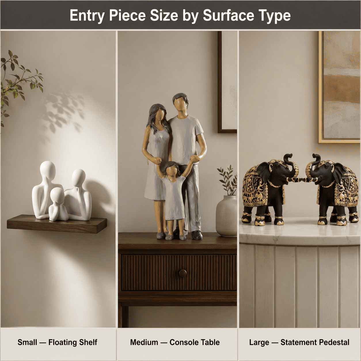 Comparison grid of small, medium, and large decor pieces on matched entry surfaces