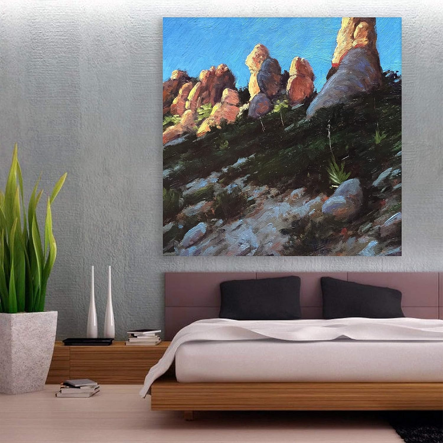 Over-the-Hill Unframed Nature Canvas Wall Art depiction of misty rolling hills at sunrise.