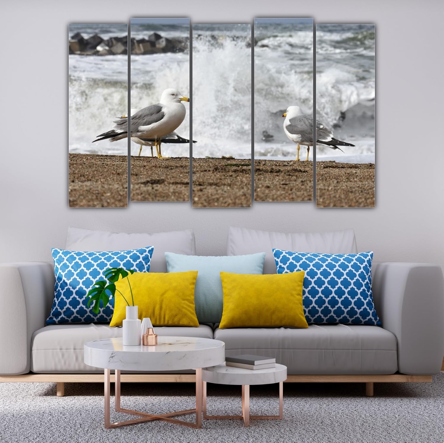 Close-up of the vivid bird illustrations on the Feathered Fiesta Wall Arts multi-frame display.