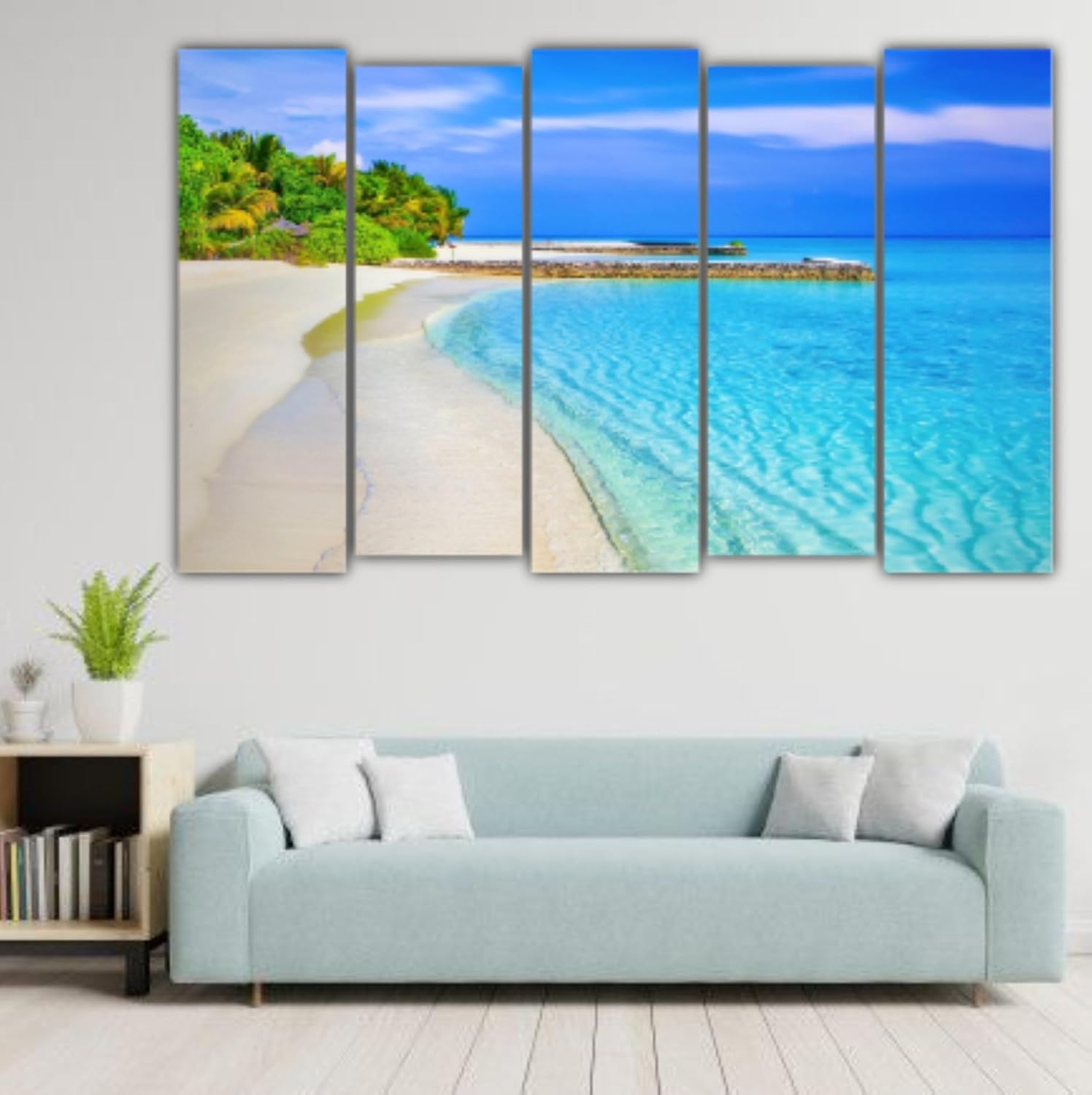 Five-panel Sea-nic Wall Art hung above a sofa, depicting serene sea nature in splash-resistant wooden frames.