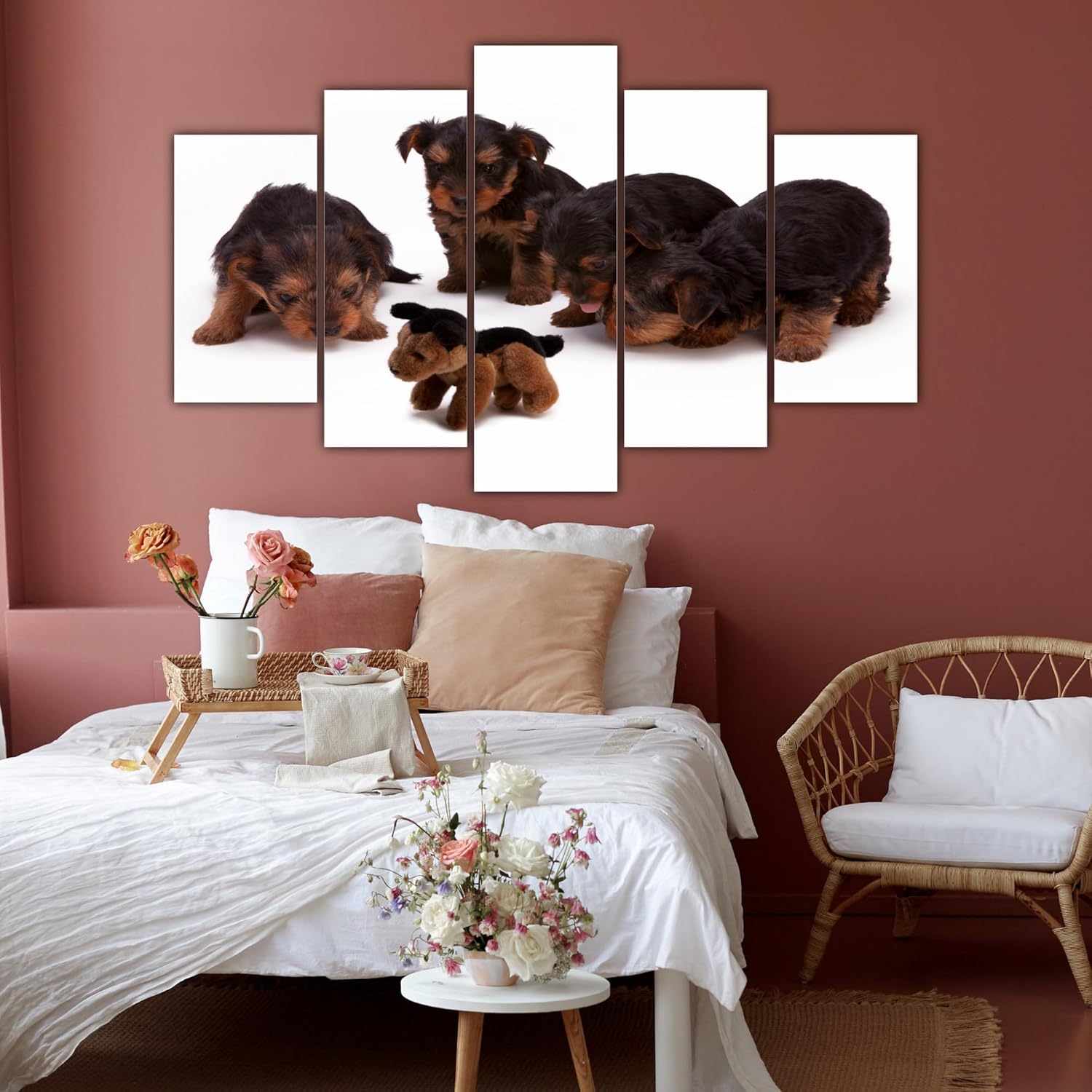 Close-up view of Puppy-tastic Framed Multi-Panel Wall Art That'll Make Tails Wag with vibrant puppy prints on Wooden MDF frames.