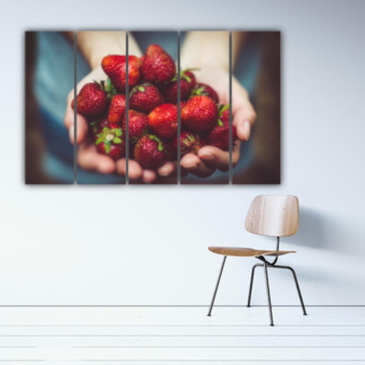 Close-up of Berry-Licious Strawberry Photography Wall Art panels highlighting vivid red strawberries and crisp green leaves in a sleek frame.