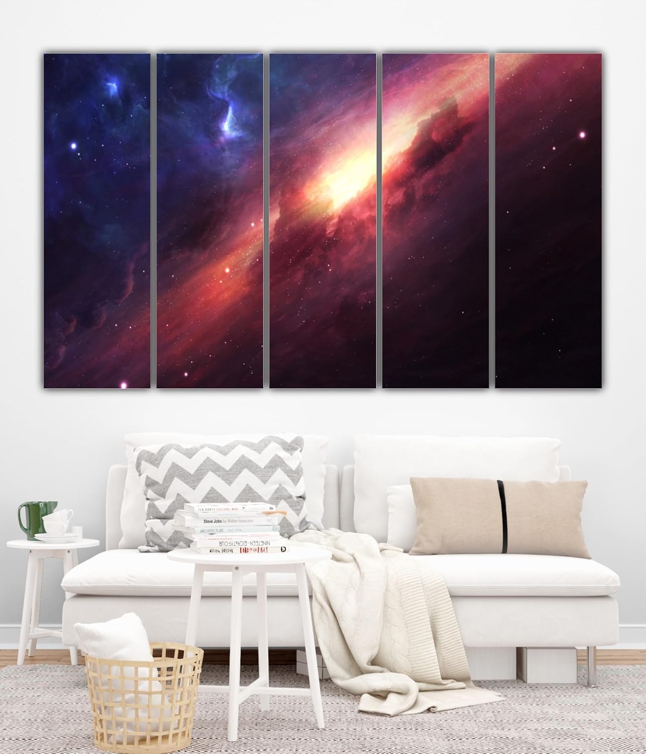 Cosmic Carousel: Framed Universe Photography Wall Art hung on a modern white living room wall.