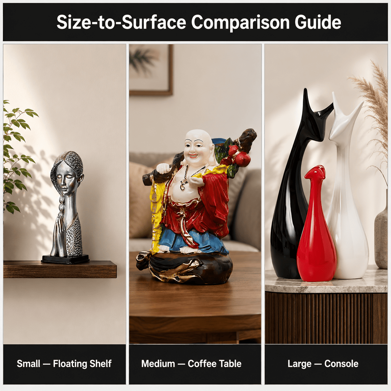 small medium and large home decor pieces compared against matching surfaces