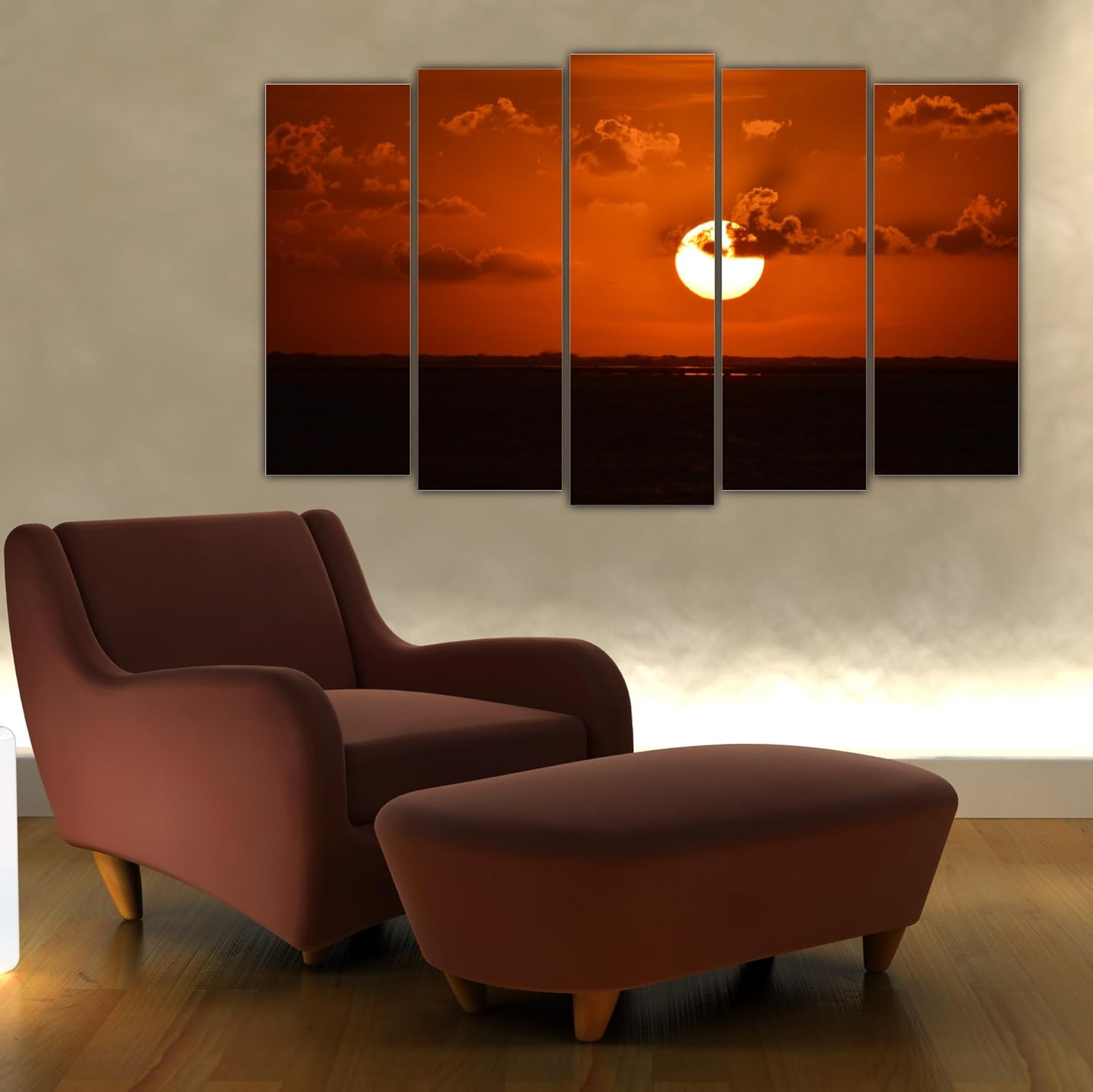 Close-up of Sunset-kissed Multi-Frame Photography Framed Wall Art highlighting vivid orange and purple sunset hues.