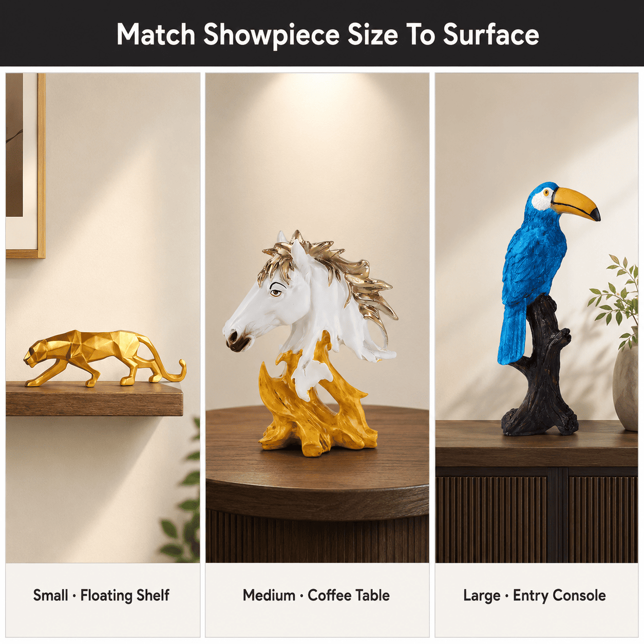 comparison grid of small medium and large home decor pieces by surface