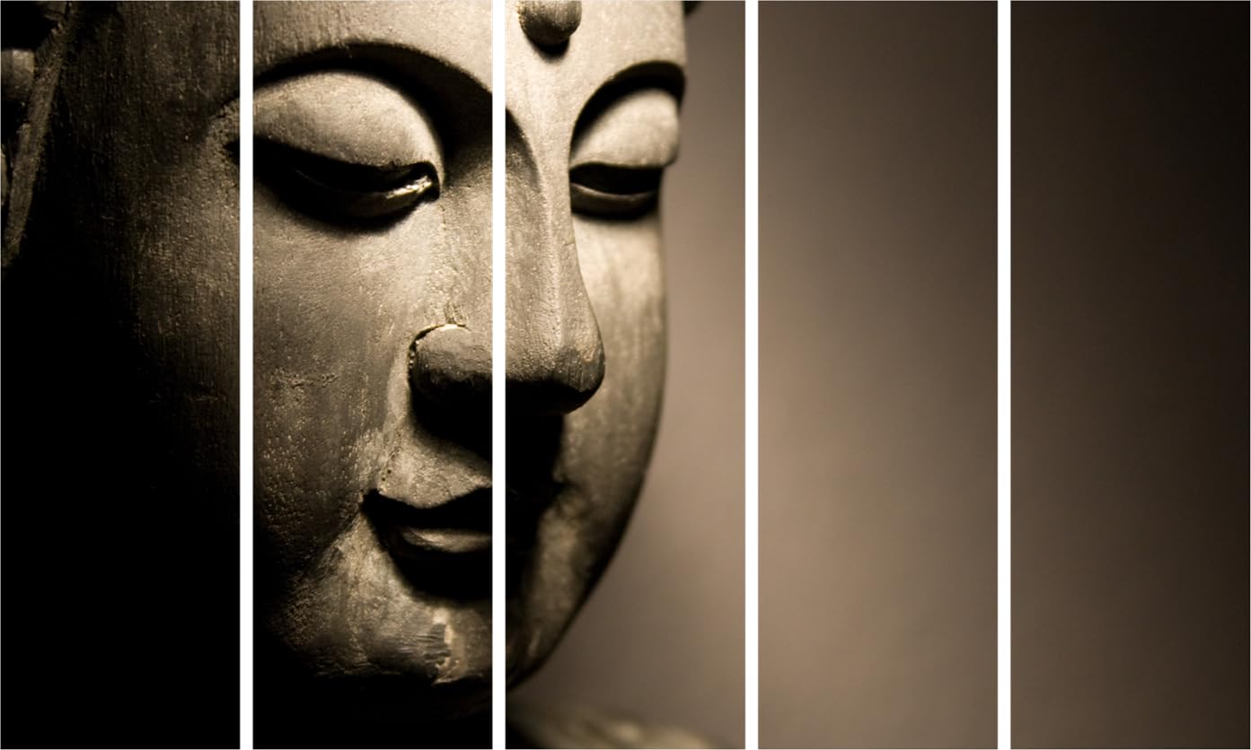 Image of Zenify Your Zone with Buddha Bliss 5-Panel Framed Wall Art in a modern living room