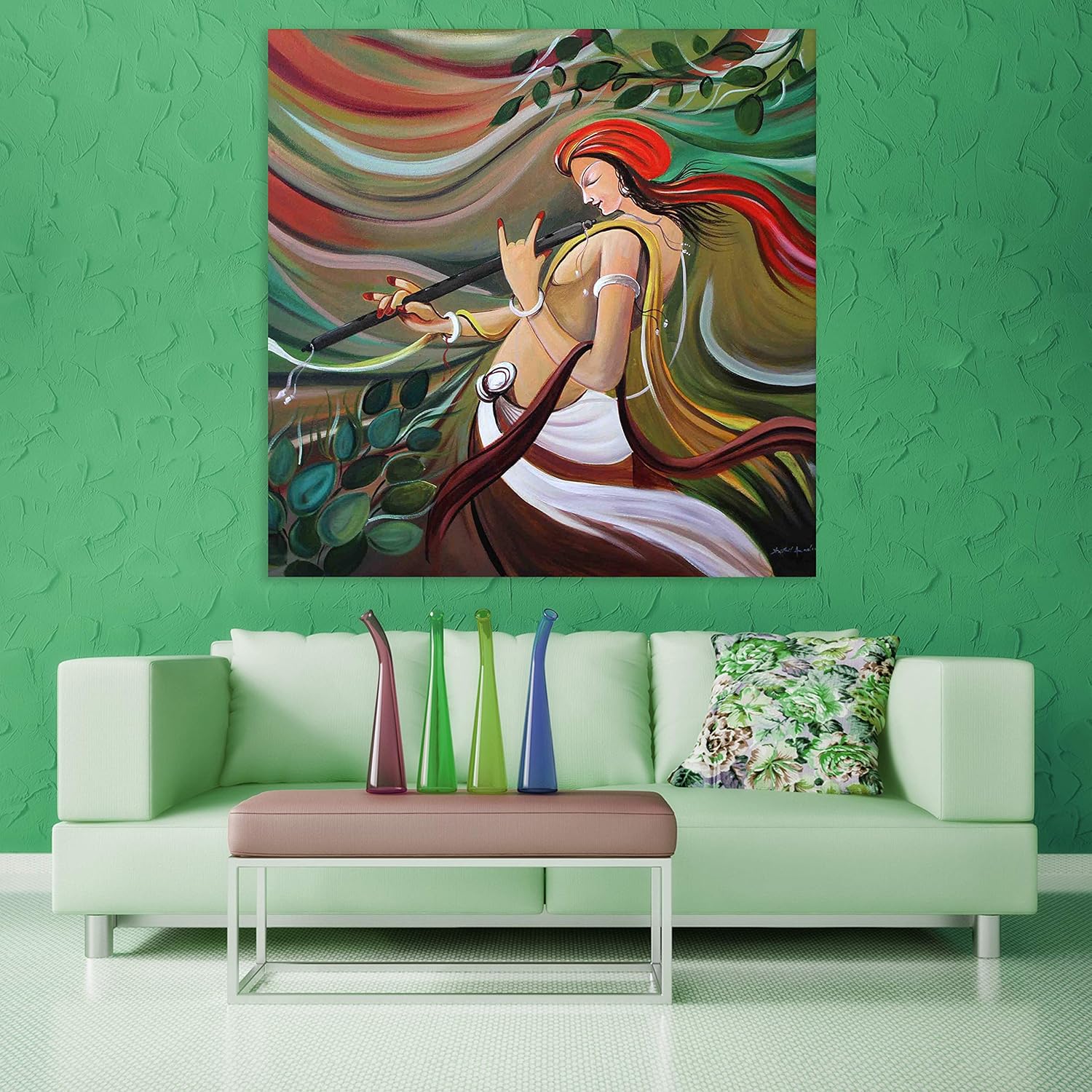Krishna-tastic Unframed Wall Art That'll Make Your Heart Sing hung in a living room for colorful spiritual decor