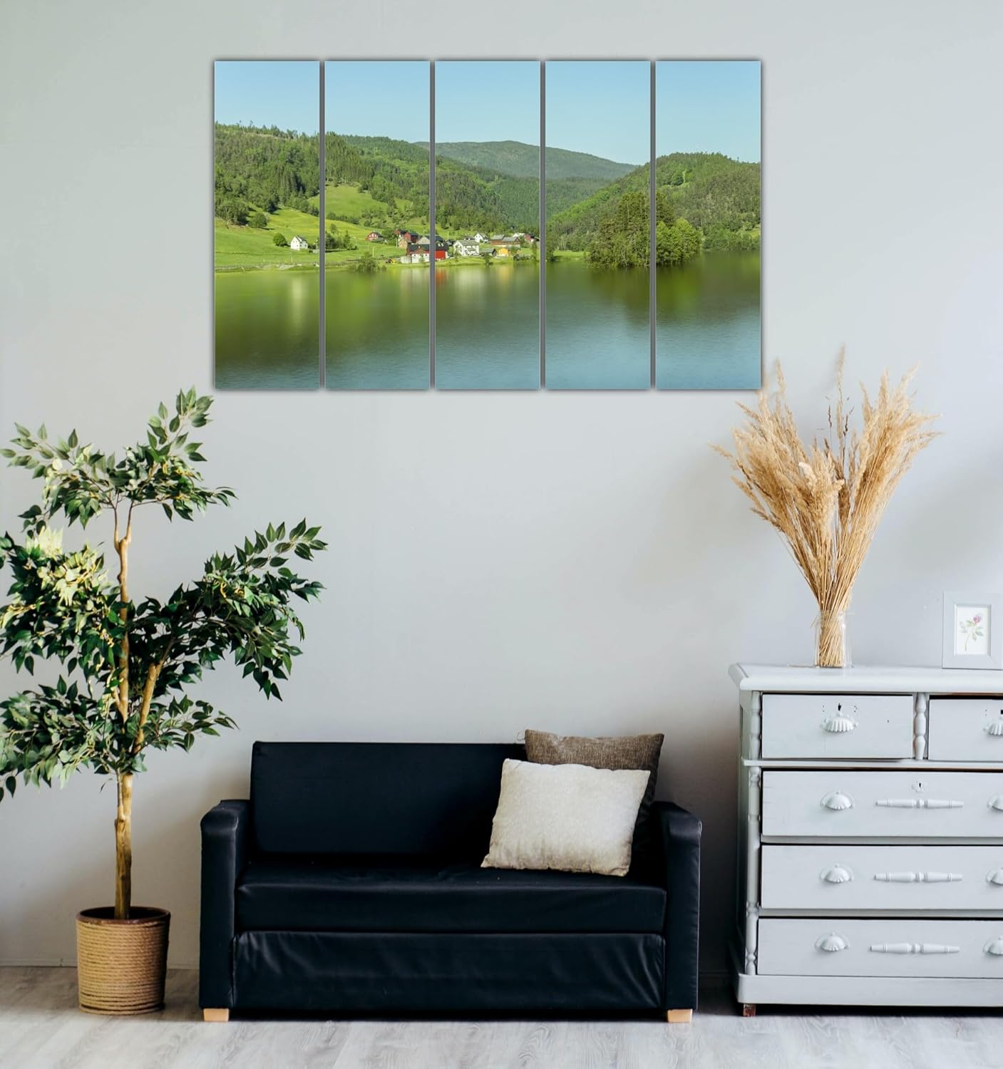 Close-up of the vibrant splash-resistant lake Wall Art framed on wooden MDF