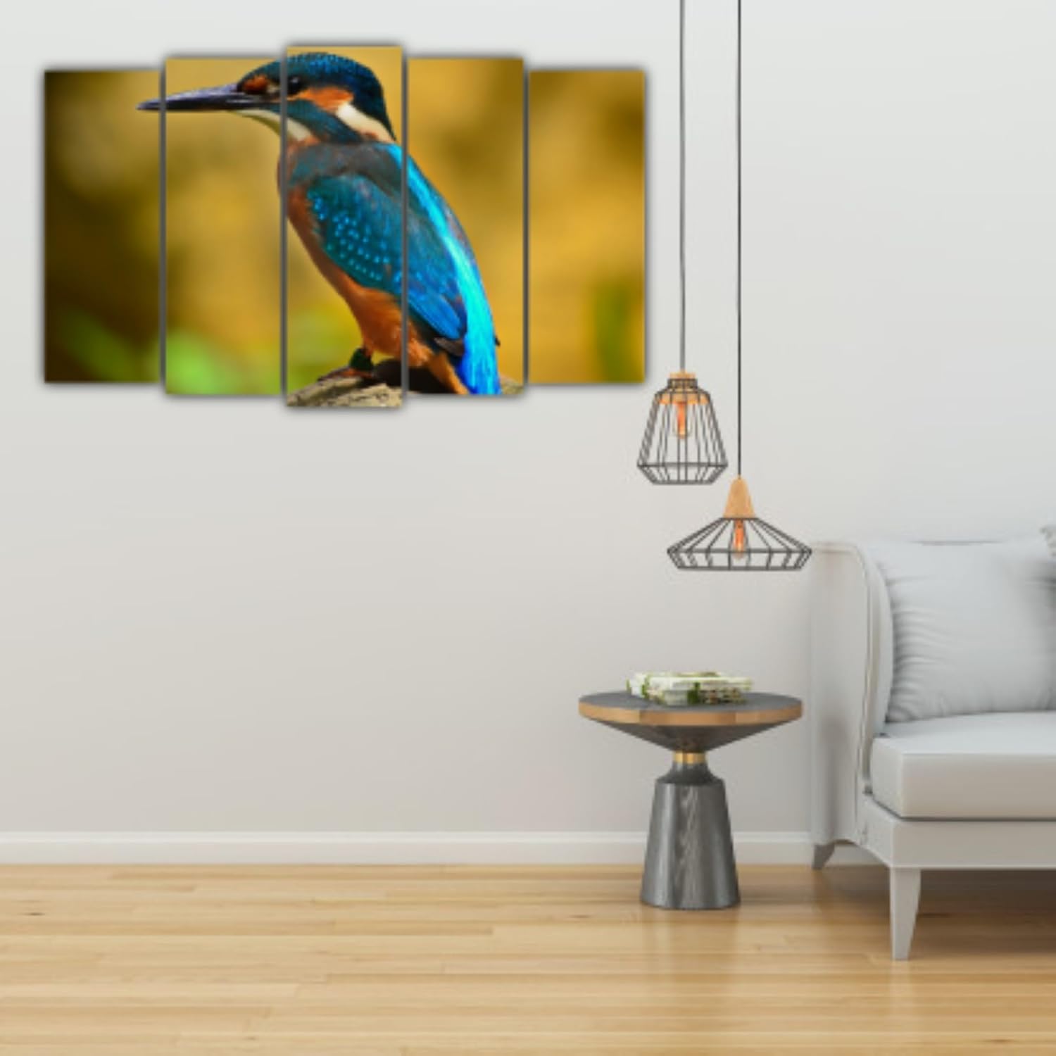 Close-up of the vibrant kingfisher in the multi-frame Wall Art, highlighting the crisp digital print.