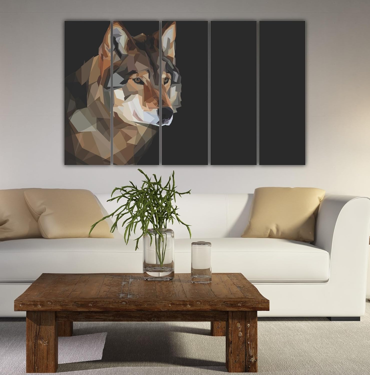 Five-panel Wolf Wall Art in a sleek hallway setting, highlighting the framed splash-proof MDF design