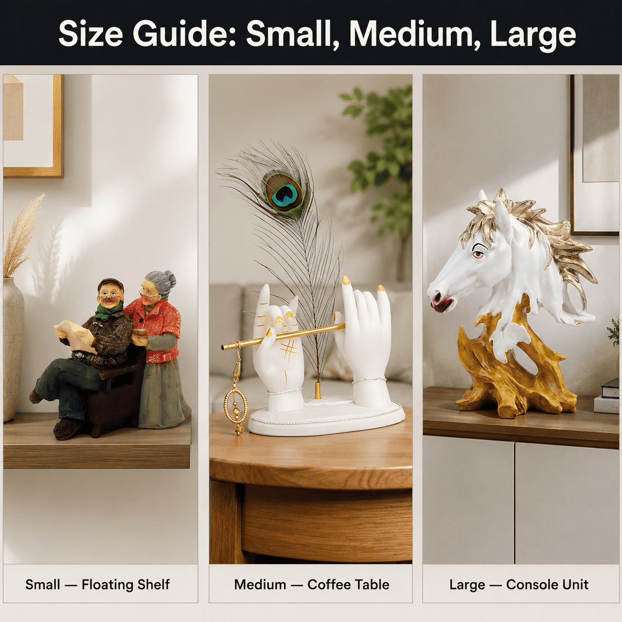 Size comparison of small, medium, and large decor pieces across living room surfaces