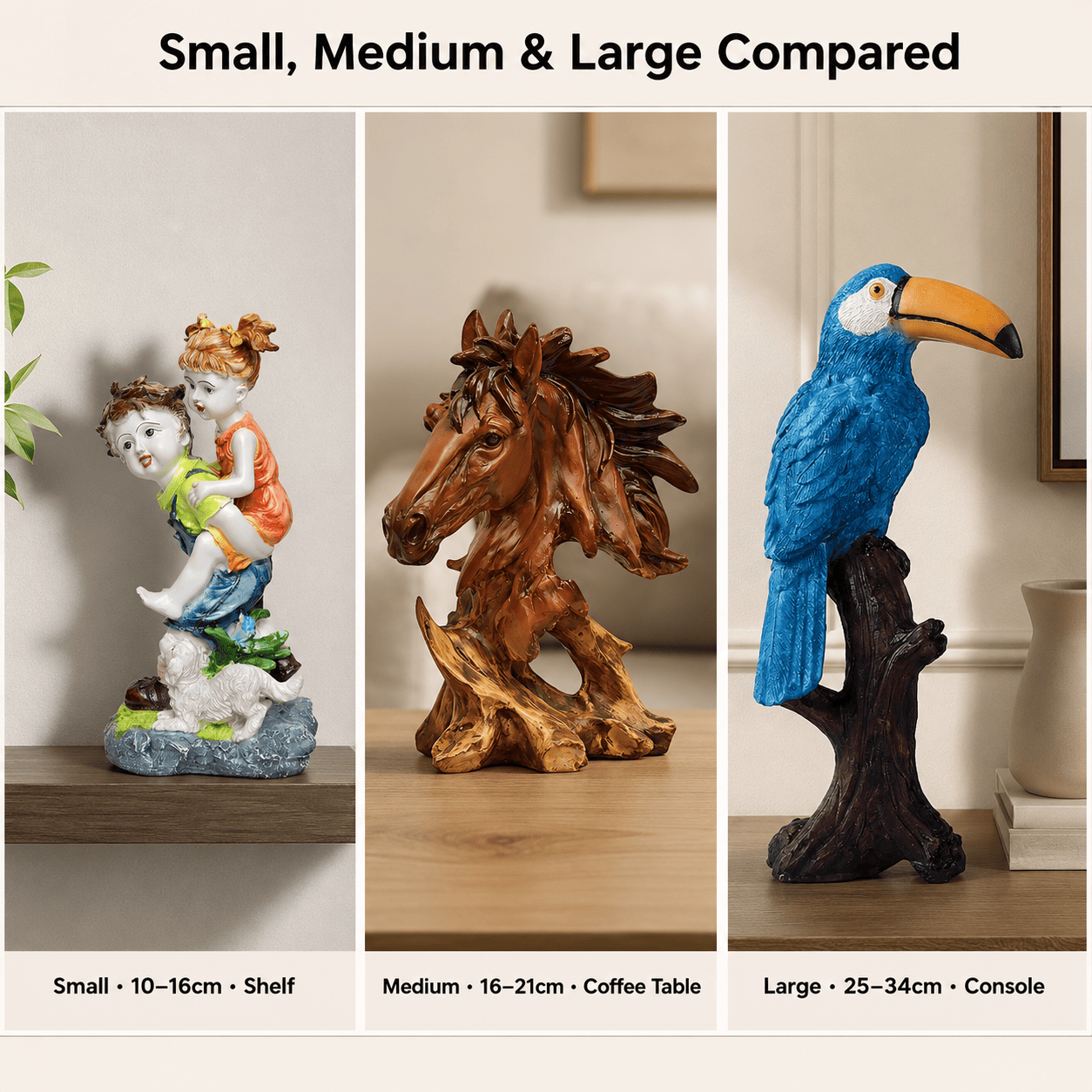 visual comparison grid of small medium large decor pieces