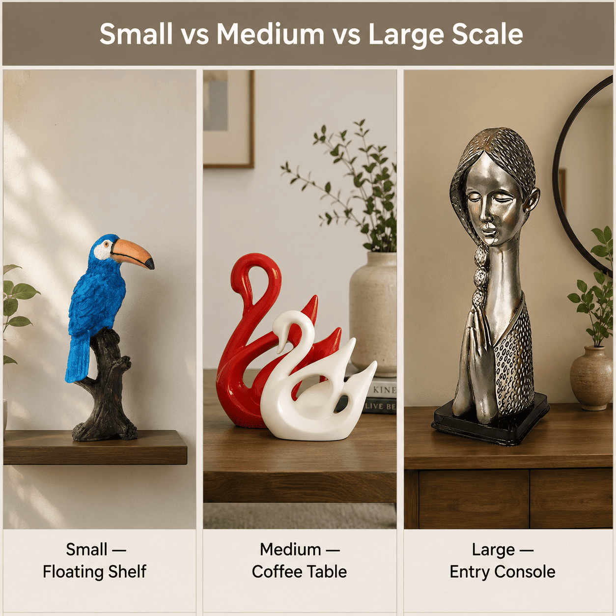 grid comparing small medium large showpiece scale on different surfaces