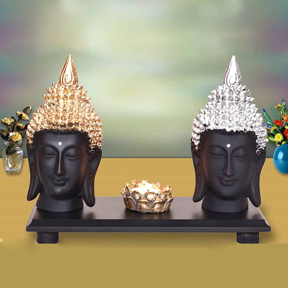 Set of 2 Buddha Face Idols on a Wooden Tray