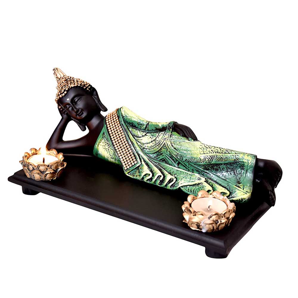 Divine Reclining Buddha Statue on Wooden Tray