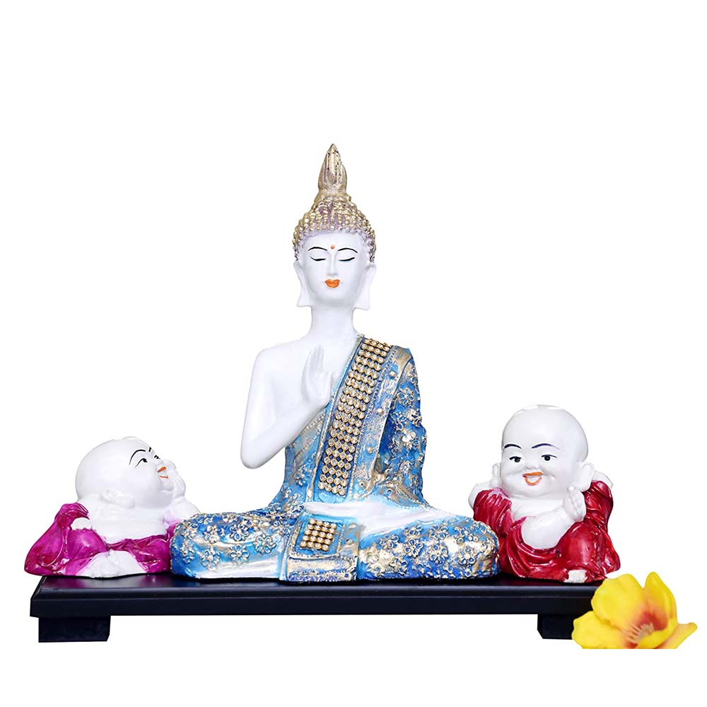 Divine Meditating Buddha Statues On Wooden Tray