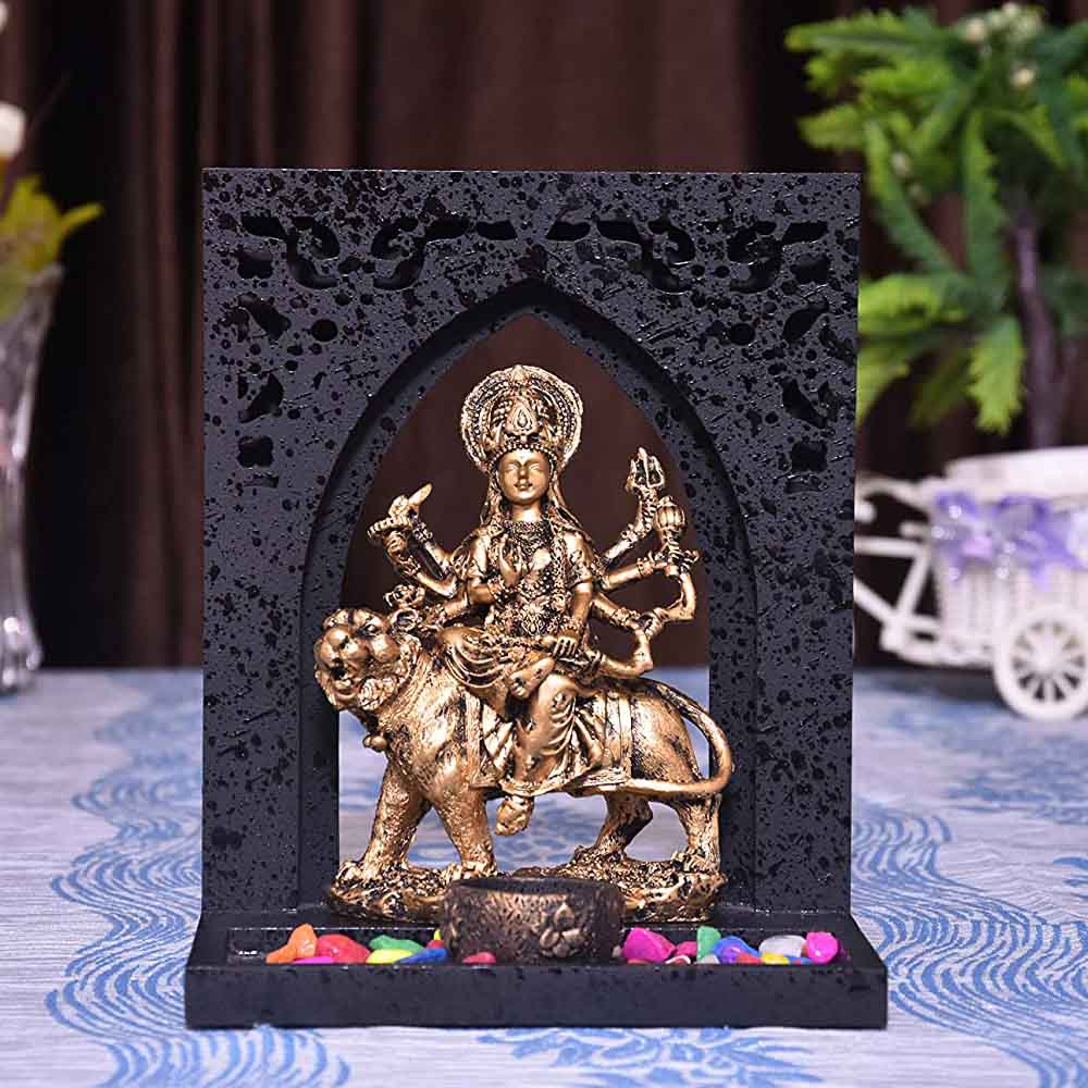 Durga Mata Statue with Wooden Tray and Tea Light Holder