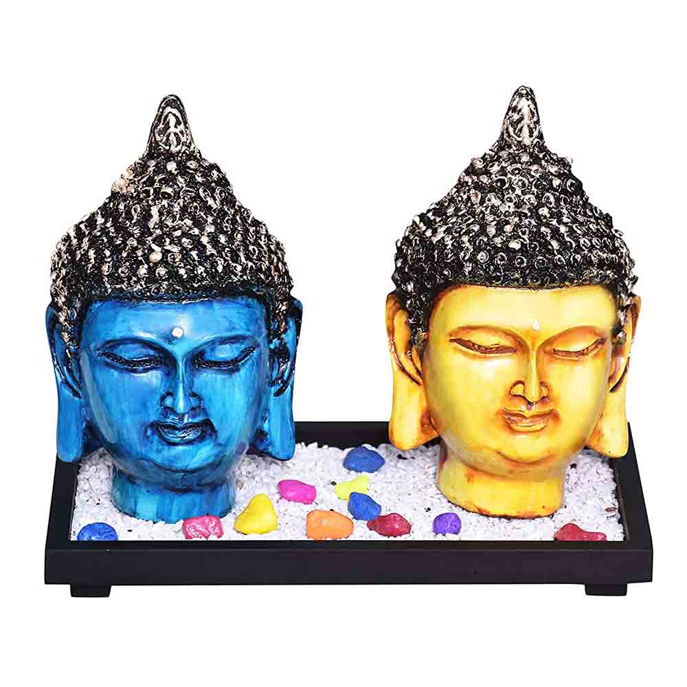 Set of Two Buddha Face Idols on a Wooden Tray