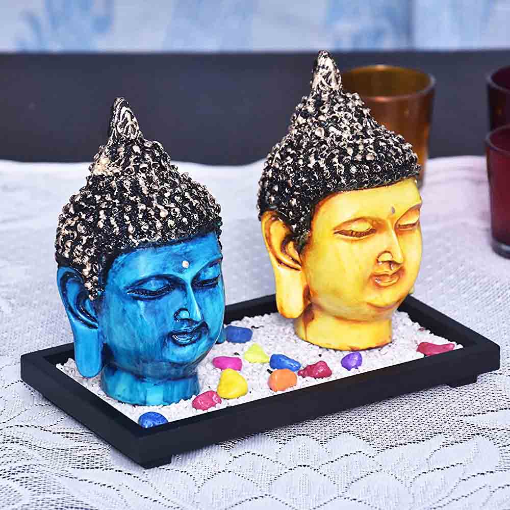Set of 2 Buddha Face Idols on a Wooden Tray