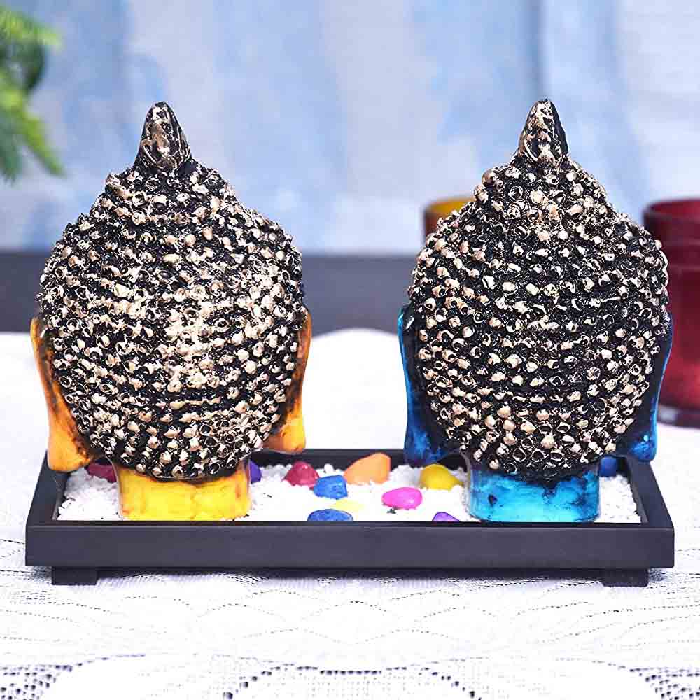 Set of Two Buddha Face Idols with a Wooden Tray