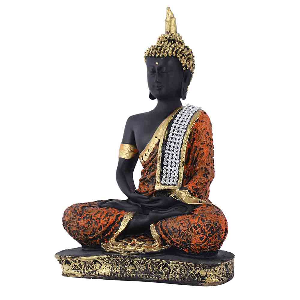 Resin Buddha statue placed on elevated corner stand for bedroom zen