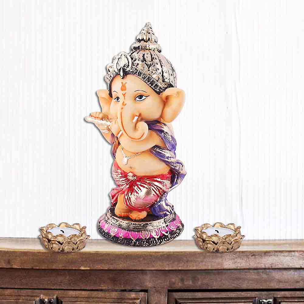 Ganesha Idol Playing Flute with Two Tealight Holders