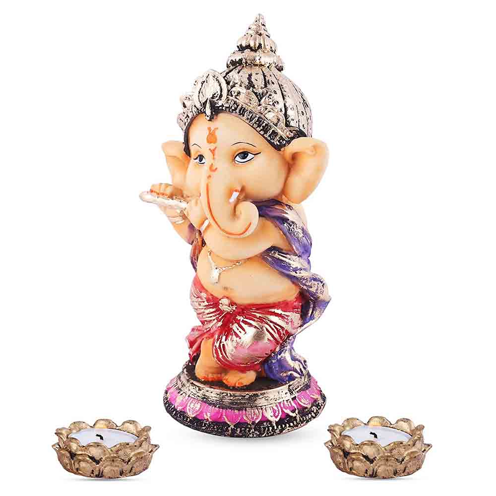 Ganesha Statue Playing Flute with 2 Tealight Holders