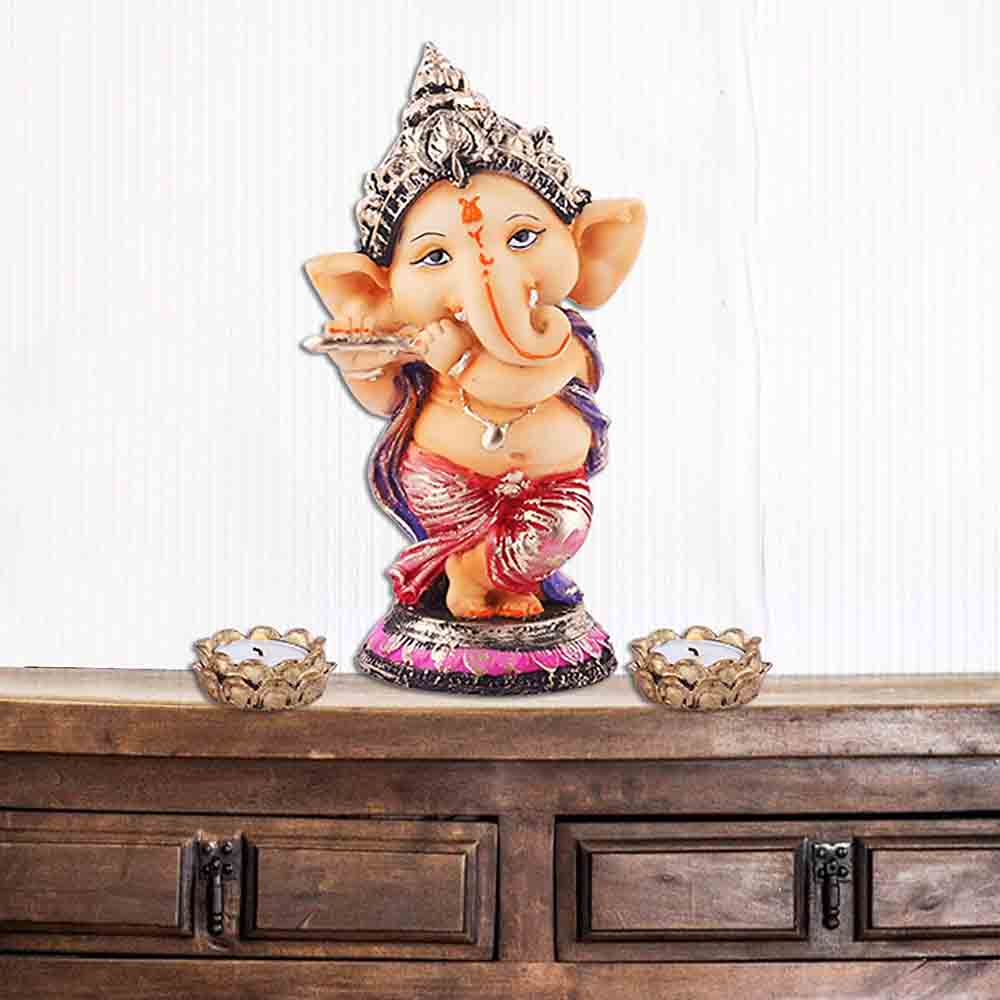 Ganesha Idol Playing Flute with Two TLIGHT Holders