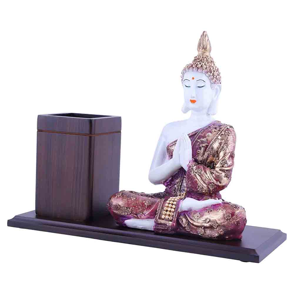 Wooden Pen Stand Holder with Buddha Idol