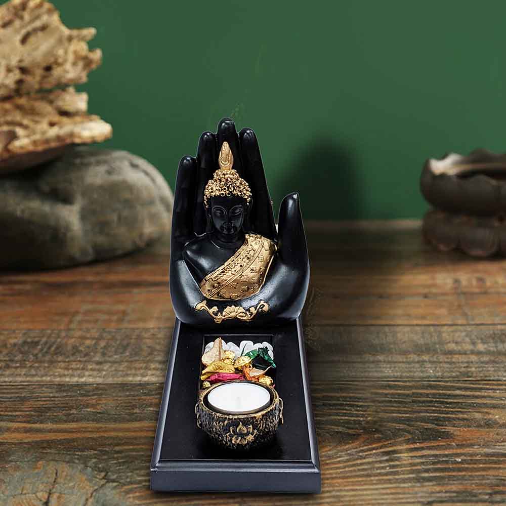 Palm Buddha on Wooden Tray Figurine