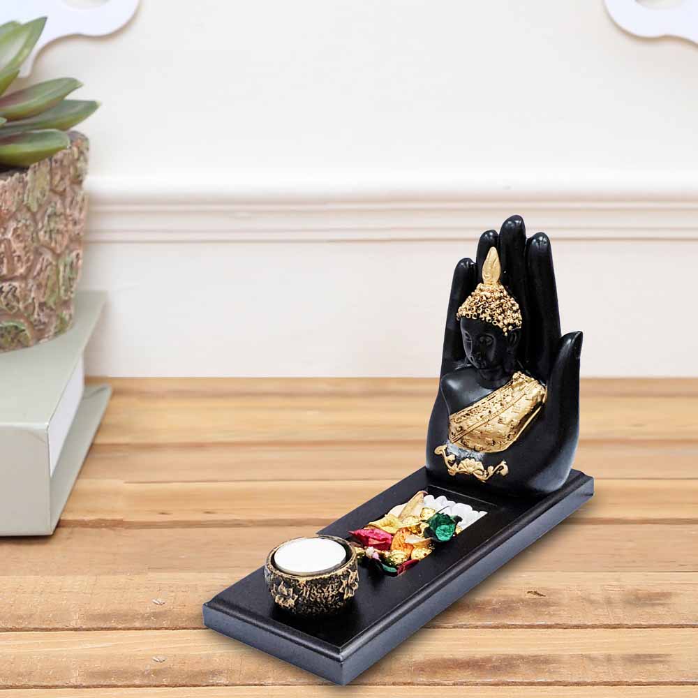 Palm Buddha on Wooden Tray Statue