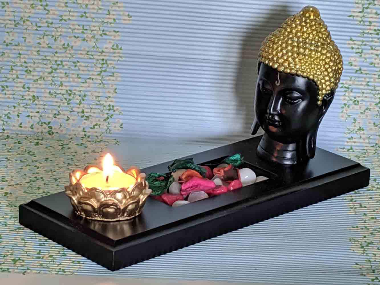 Resin Buddha Face Idol on Tray With Tealight Holder