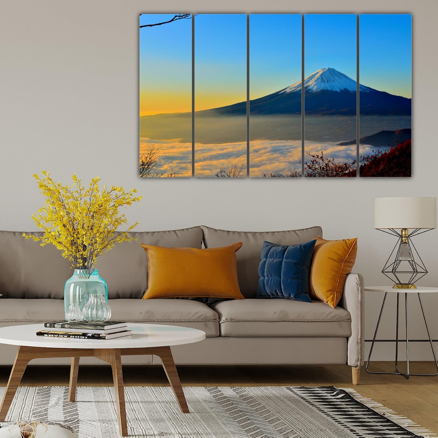 Vibrant, multi-panel mountain wall art in sturdy wooden MDF frames.