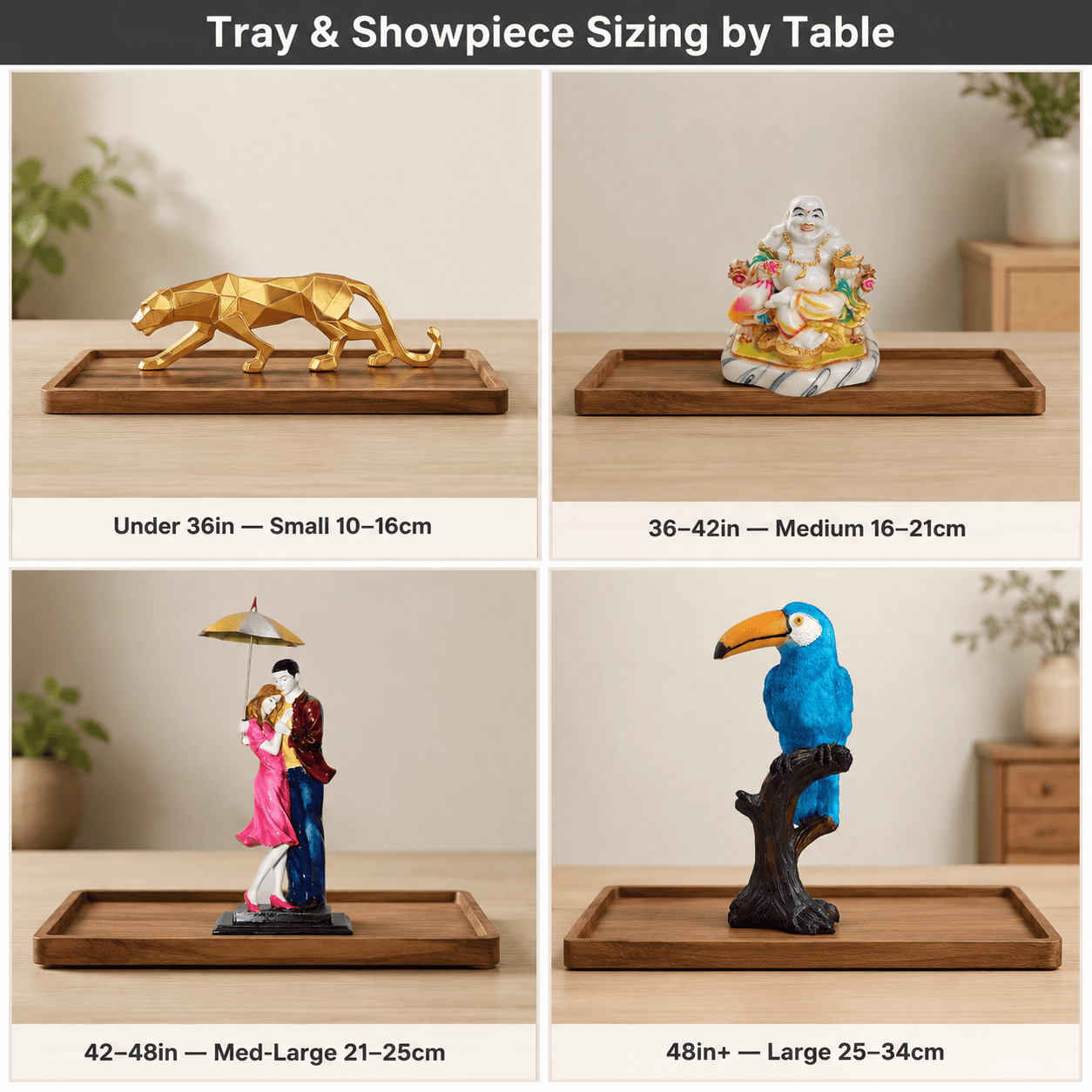 grid comparing tray and showpiece sizing across four coffee table sizes