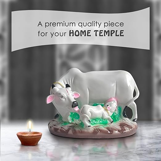 White Cow and Calf Statue in a kitchen setting showcasing the detailed craftsmanship and size comparison with kitchen items