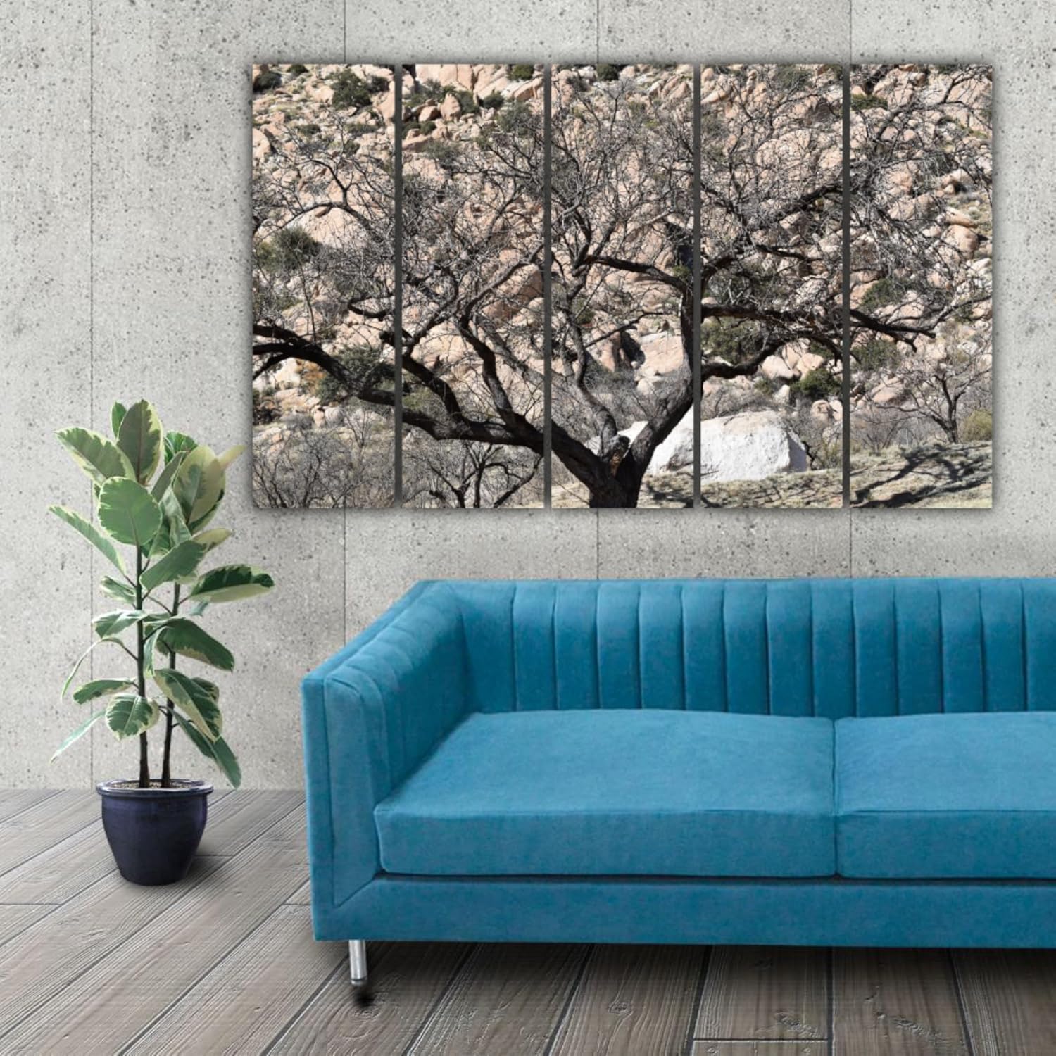 Five panels of the Tree-mendous Multi-Frame Abstract Wall Art hung above a modern sofa.