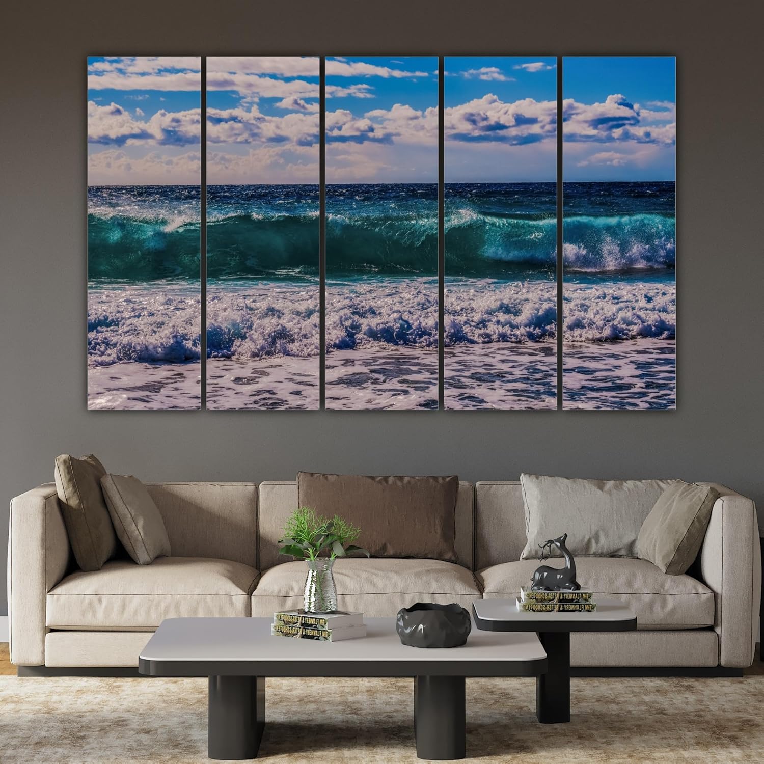 Close-up of Sea Tides framed canvas panels showing vibrant ocean details and gloss finish