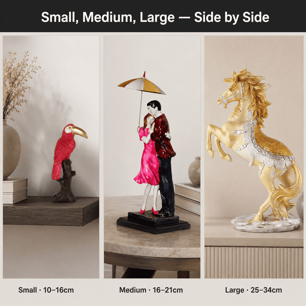 Side-by-side size comparison of small, medium, and large home decor pieces