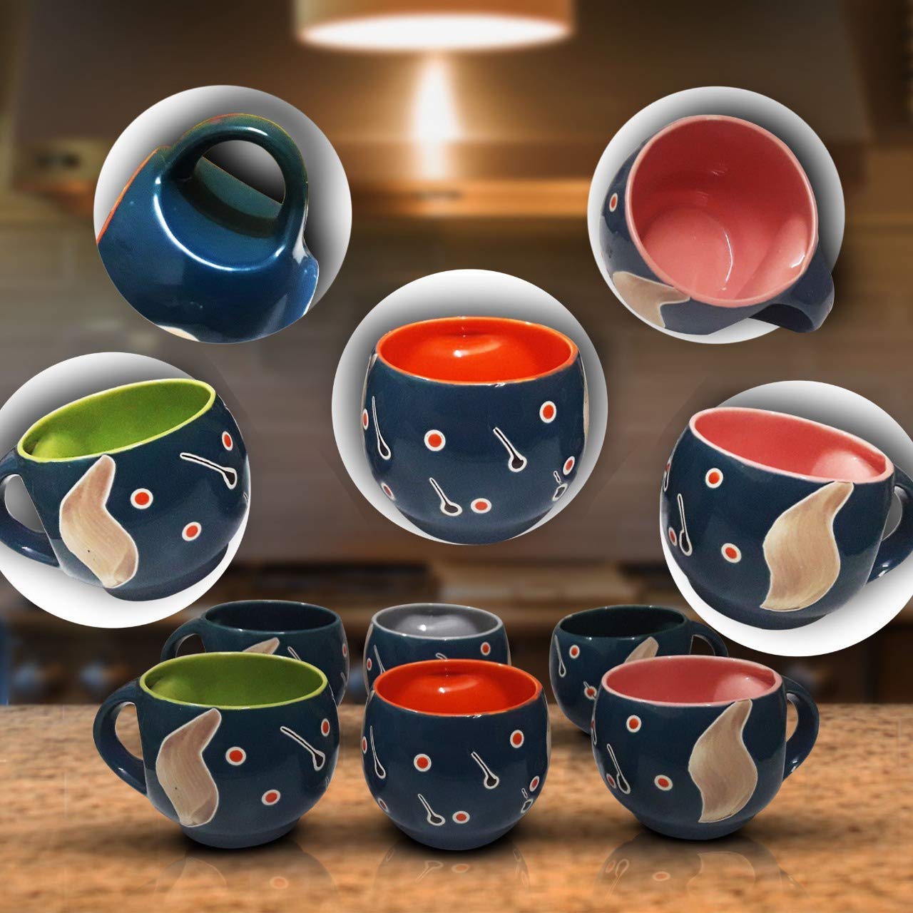 Black and multicolor artistry ceramic tea cup filled with steaming tea, displayed on a kitchen countertop.