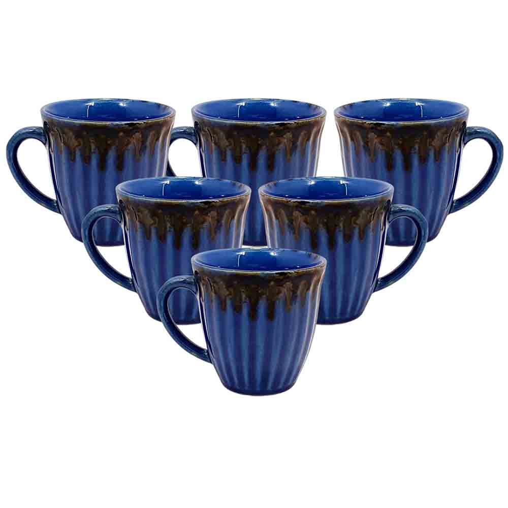 Blue tea cup set of six with delicate pattern displayed on kitchen countertop