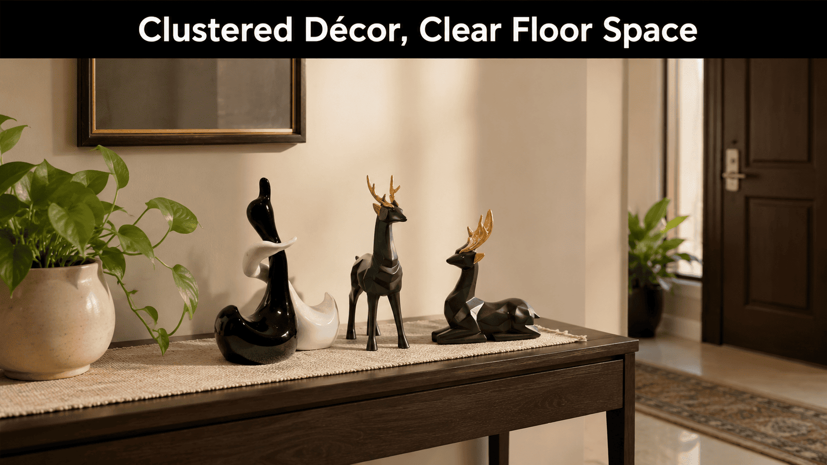A cluster of small ceramic pieces grouped on a console table