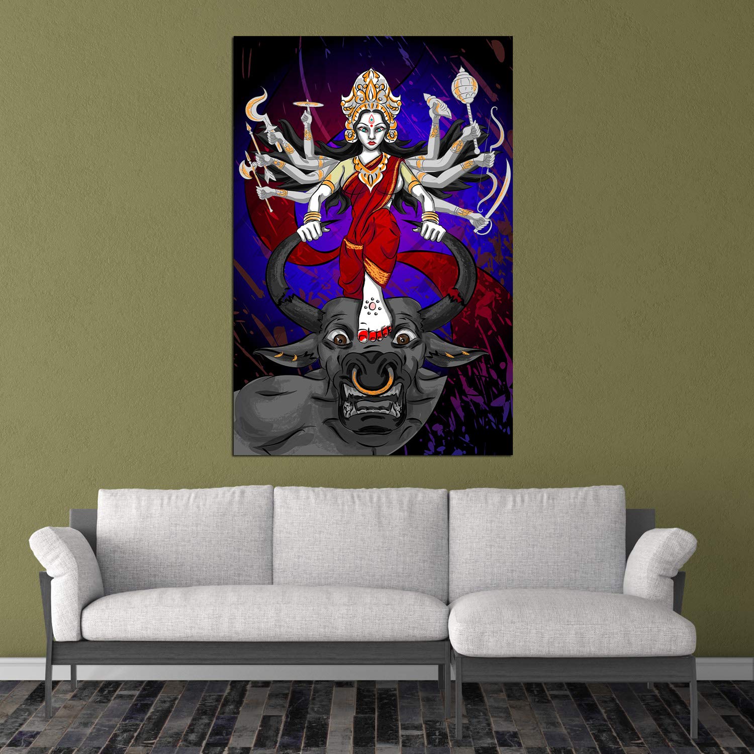 Close-up of Durga-nificent Unframed Hindu Wall Art displaying Goddess Durgas fierce grace on pure cotton canvas.