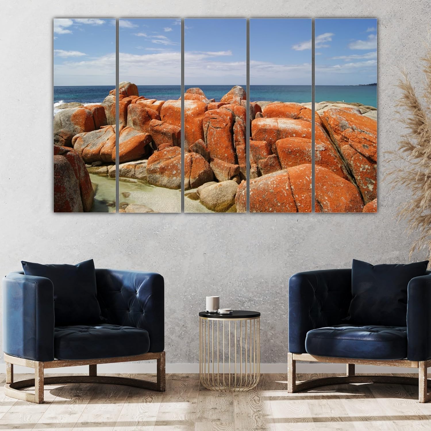 Five-panel ocean-themed framed wall art displaying waves rolling in under a sunset sky