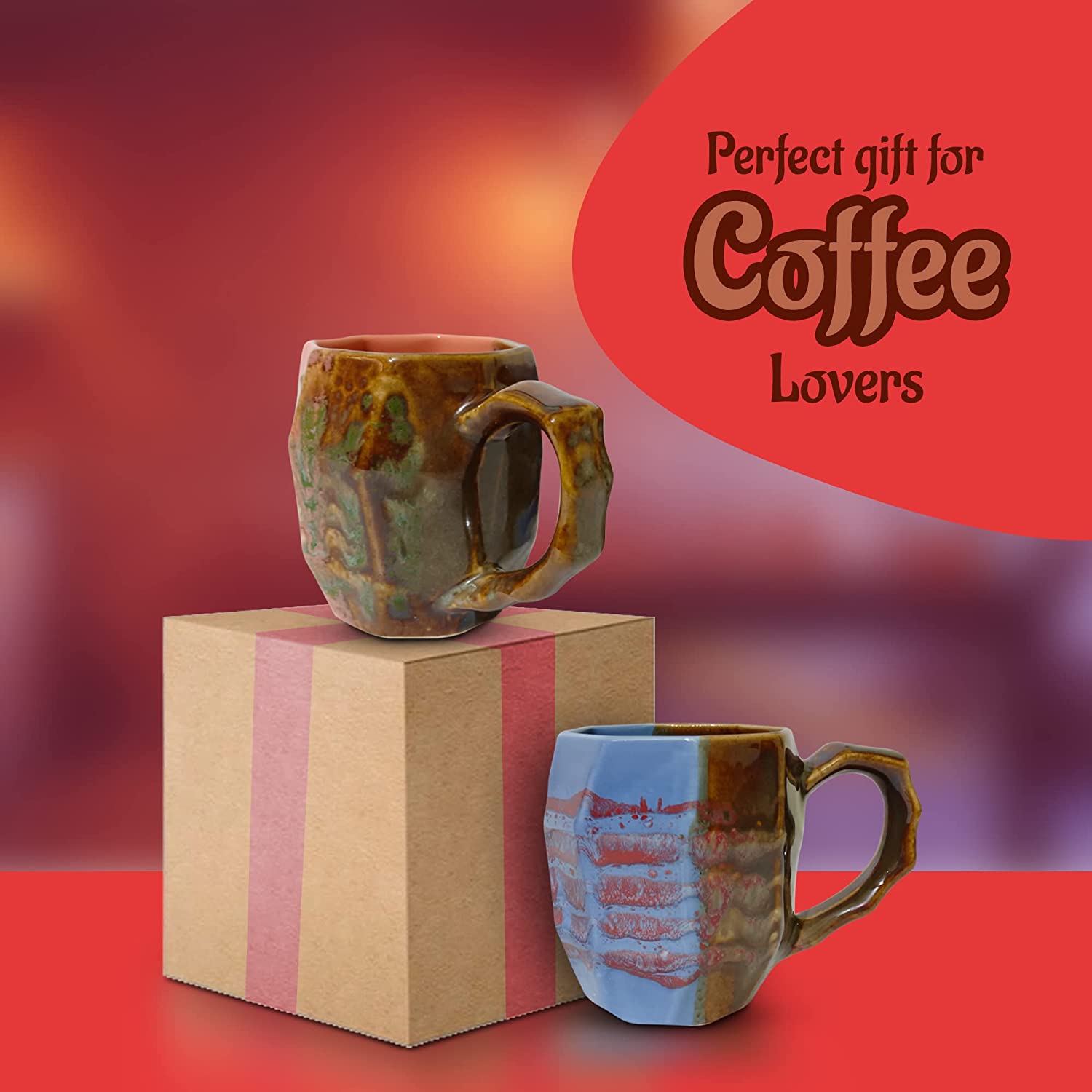 Orange and blue ceramic coffee mug with unique brush strokes, displayed on a kitchen counter.