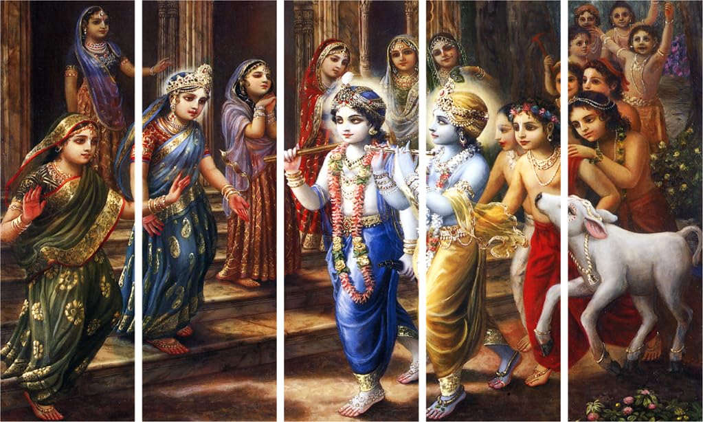 Krishna-tastic Gokul Groove Framed 5-Panel Wall Art displayed above a modern sofa.