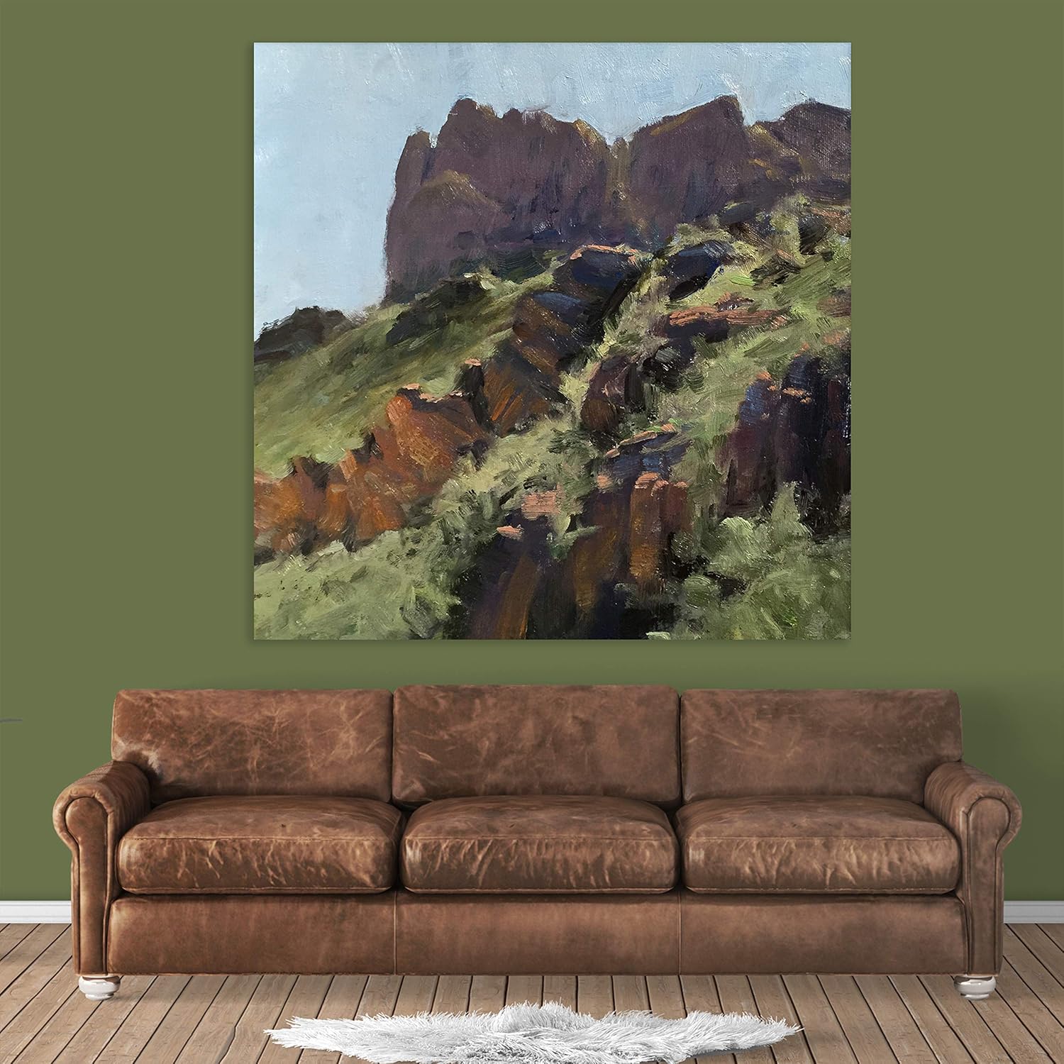 Rocky-tastic Unframed Mountain Wall Art That'll Peak Your View (91x91cm) displaying a serene snow-capped mountain landscape in matte earthy tones